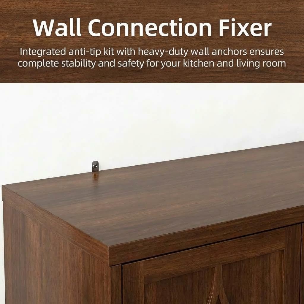 55" Buffet Cabinet with Storage, Sideboard Cabinet with 4 Doors, Wood Coffee Bar Cabinet with Adjustable Shelves, Farmhouse Sideboard Buffet, for Kitchen, Living Room, Entryway, Dining Room (Brown)