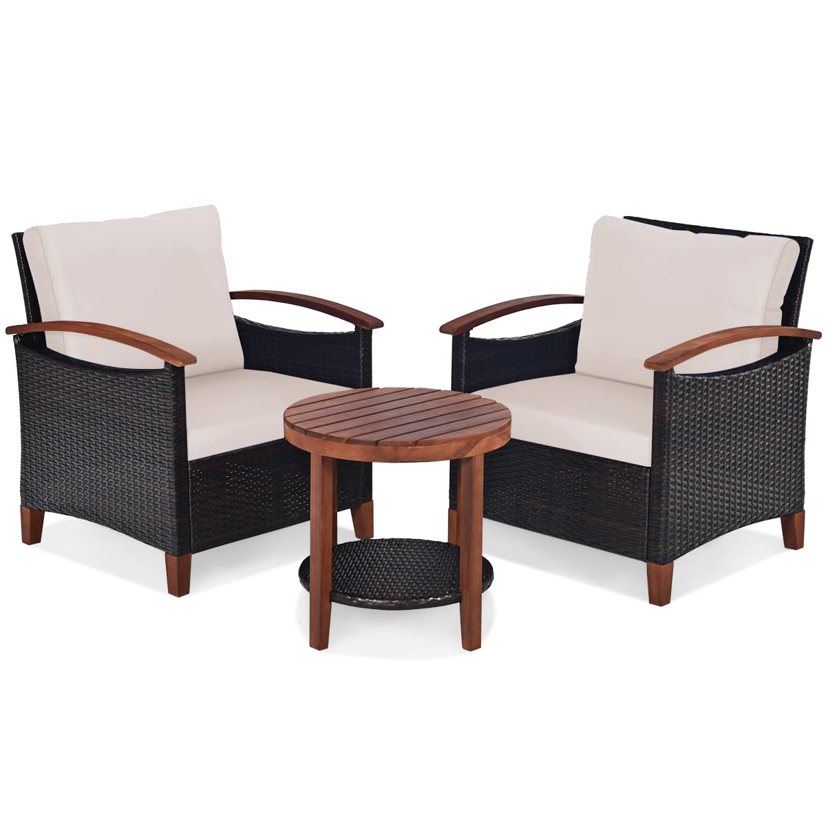 HAPPYGRILL 3 Pieces Patio Conversation Set Outdoor Rattan Wicker Sofa Set with Cushion & Acacia Wood Frame, Coffee Table and Chairs Set for Garden Poolside Balcony