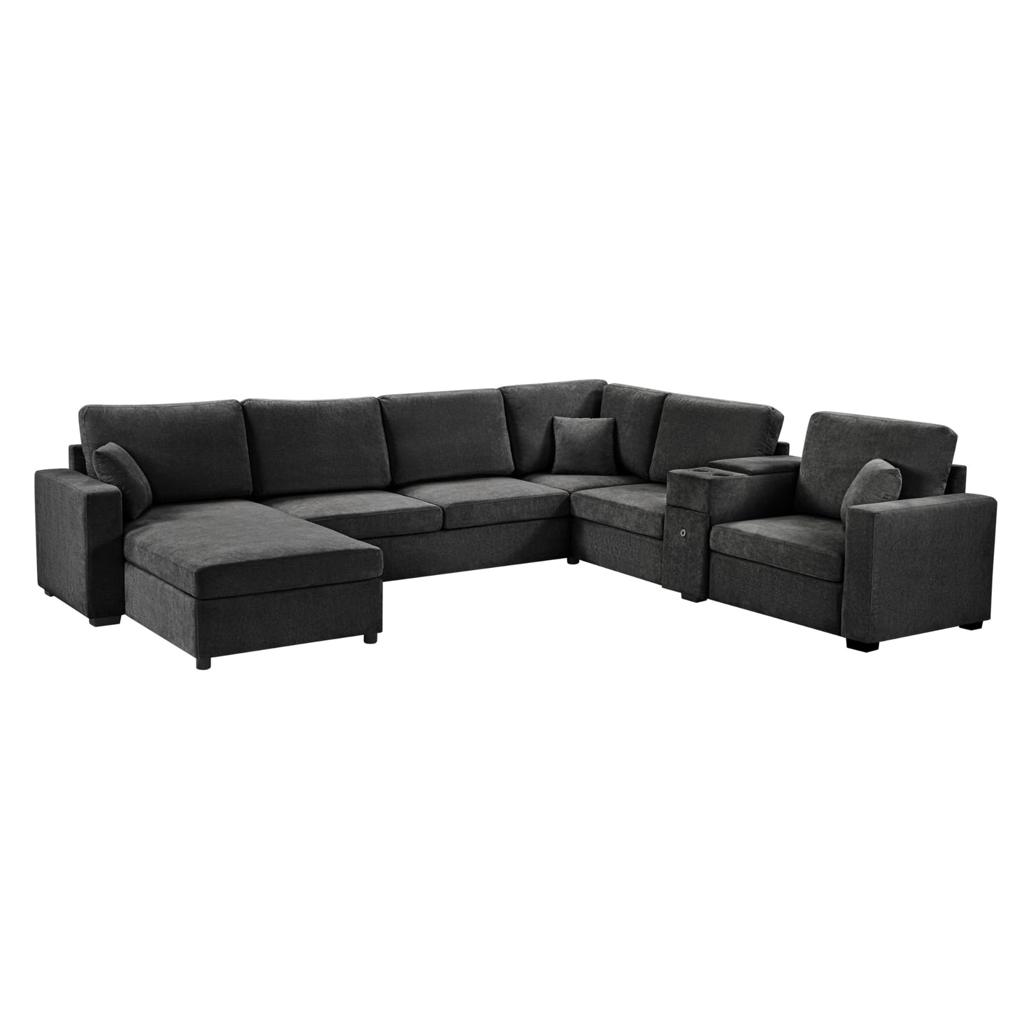 Merax Modern 134" Oversized Sectional Sofa with Piollows & Chaise Lounge, Chenille U‑Shaped Couch Set Sleeper Bed Built‑in Cup Holders, Storage Drawer for Living Room, Free Combination Black