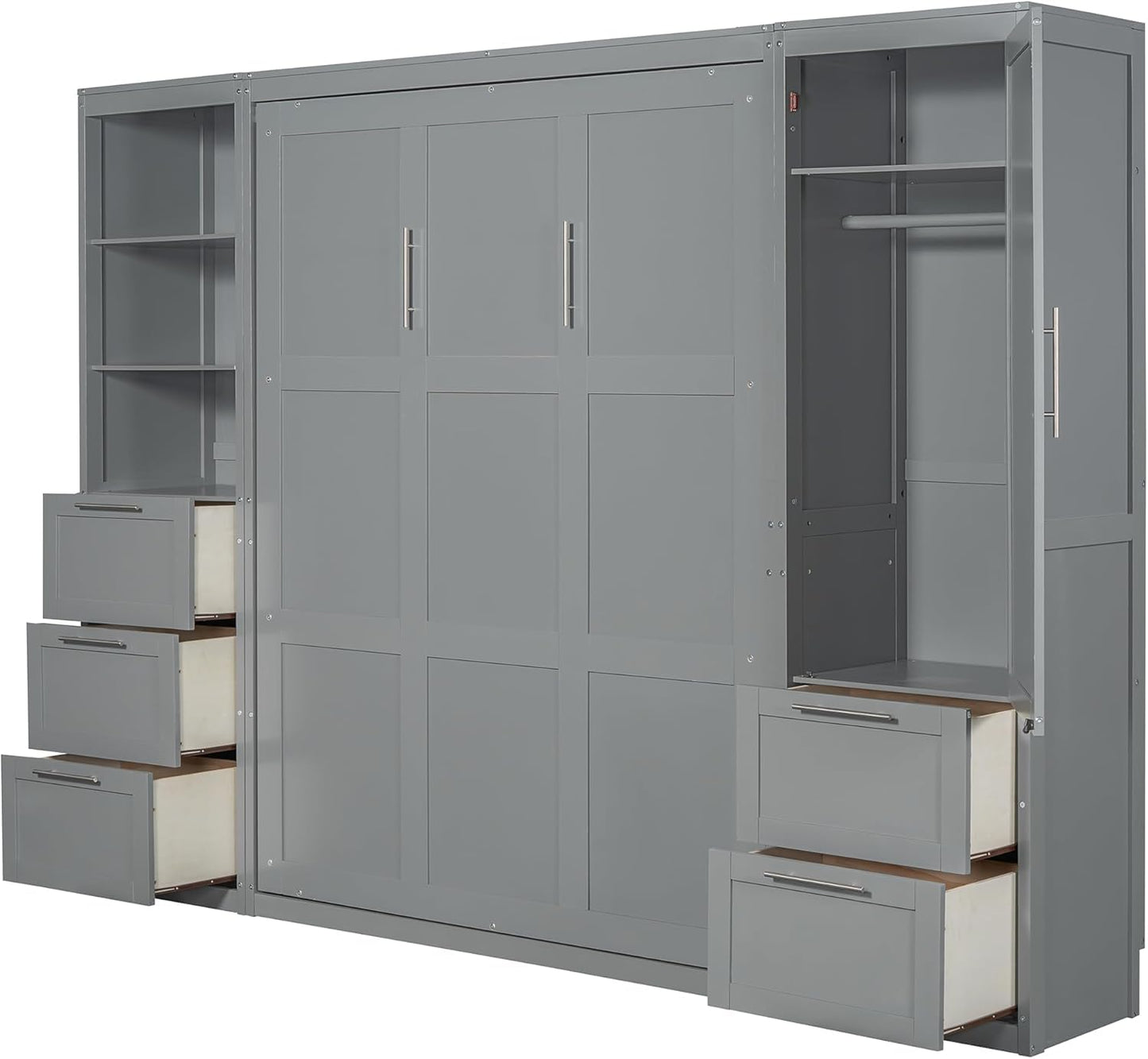 Queen Murphy Bed with Storage Wardrobe Closet,Drawers and Open Shelves,Wood Folding Farmhouse Murphy Wall Bed with Shelves,Space-Saving for Small Spaces Studio Study Office Guest Room (Grey)
