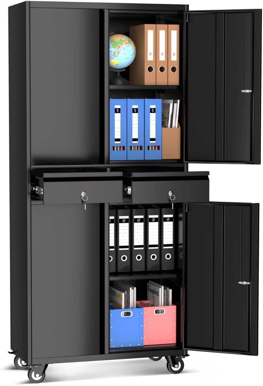 Metal Garage Storage Cabinet with 4 Wheels and 2 Drawers, 72" Heavy Duty Rolling Tool Storage Cabinet Organizer, Locking Doors and Adjustable Shelves for Garage, Workshop, Office, Warehouse