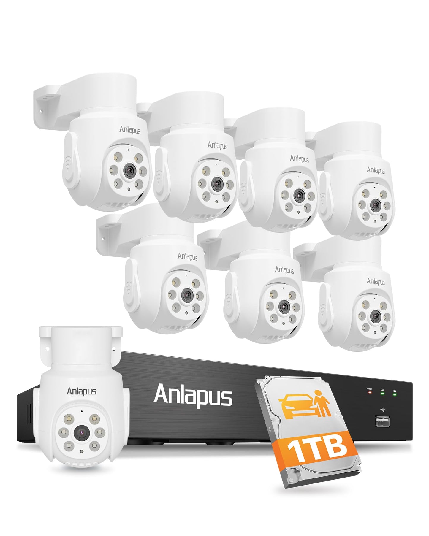 Anlapus 5MP Pan Tilt Wired Security Camera System, 8pcs 3K Outdoor Indoor Home Surveillance Cameras, Human Vehicle Detection, Night Vision, 8CH CCTV DVR with 1TB HDD for 24/7 Video & Audio Recording