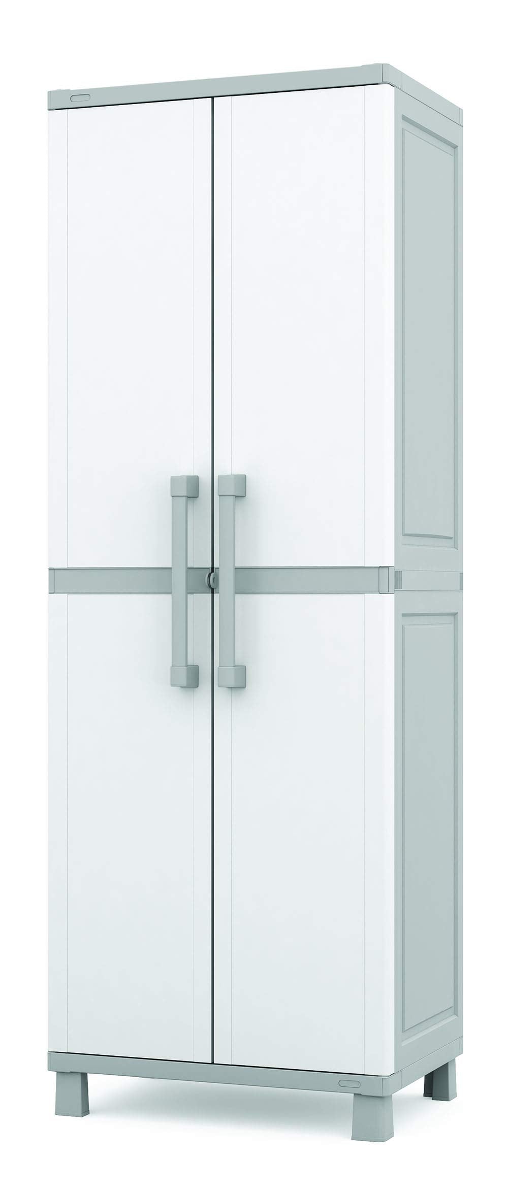 Keter Storage Cabinet with Doors and Shelves for Laundry Room, Garage, Bathroom Accessories, Closet and Home Organization, White & Grey