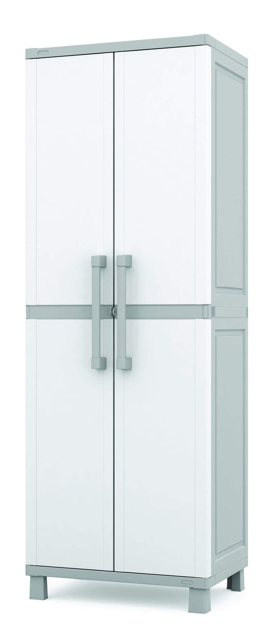 Keter Storage Cabinet with Doors and Shelves for Laundry Room, Garage, Bathroom Accessories, Closet and Home Organization, White & Grey