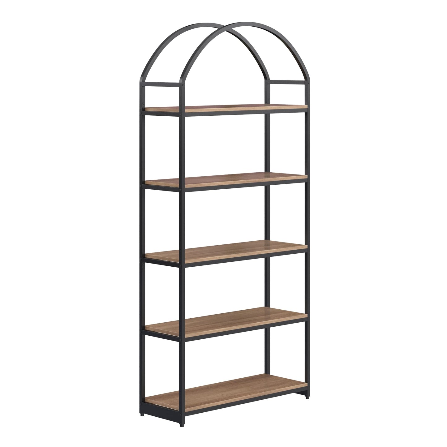 Nathan James Haven Etagere Bookshelf, 5-Shelf Bookcase in Oak Wood and Black Metal Frame with Arch Top and Open Shelves, Oak/Black