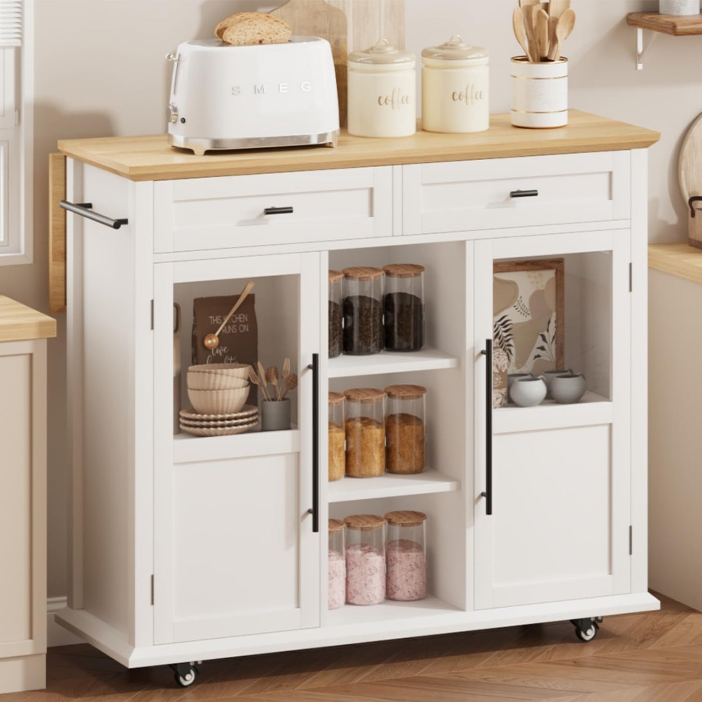 GarveeHome 41 in Rustic Kitchen Island on Wheels - Wood Drop-Leaf Table with 3-Tier Storage, Mobile Coffee Bar Cart for Small Spaces (White & Natural)