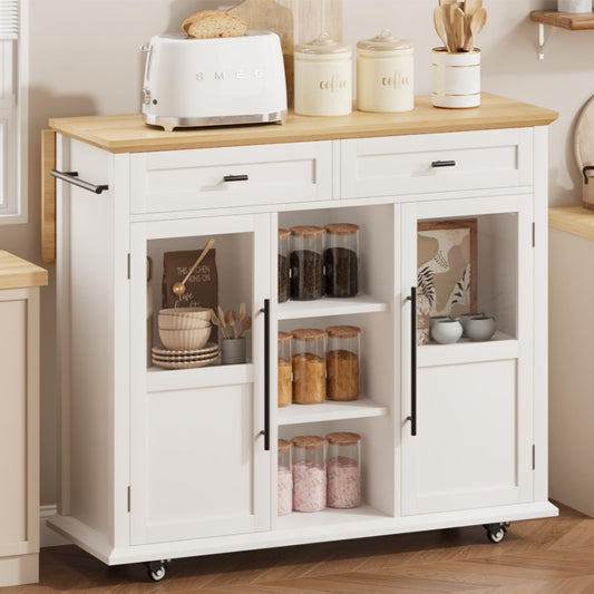 GarveeHome 41 in Rustic Kitchen Island on Wheels - Wood Drop-Leaf Table with 3-Tier Storage, Mobile Coffee Bar Cart for Small Spaces (White & Natural)