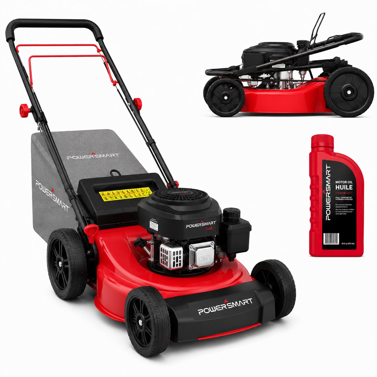 PowerSmart 21-Inch Gas Self-Propelled Lawn Mower, 170cc OHV Engine, Reinforced Steel Deck, 3-in-1 Bagging/Mulching/Rear Discharge, 6 Cutting Heights (1.5"–3.9"), 10" Rear Wheels, Foldable Handle