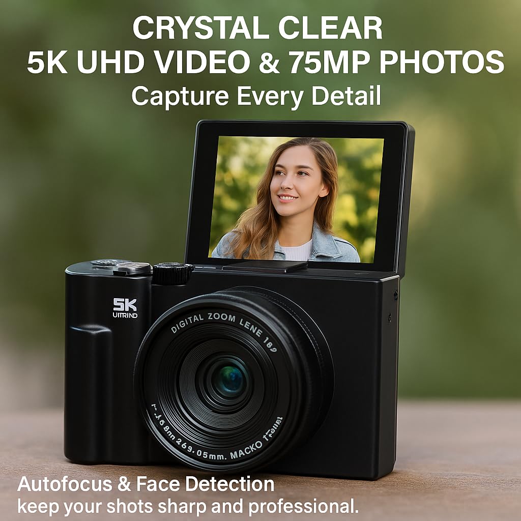 4K/5K Digital Camera – 75MP Vlogging Camera for YouTube, 180° Flip Screen, 18X Zoom, WiFi – Black Ultimate Kit with 64GB Card, 50" Tripod, Carrying Case, Macro/Wide Lens, Flash & Filters – Acuvar