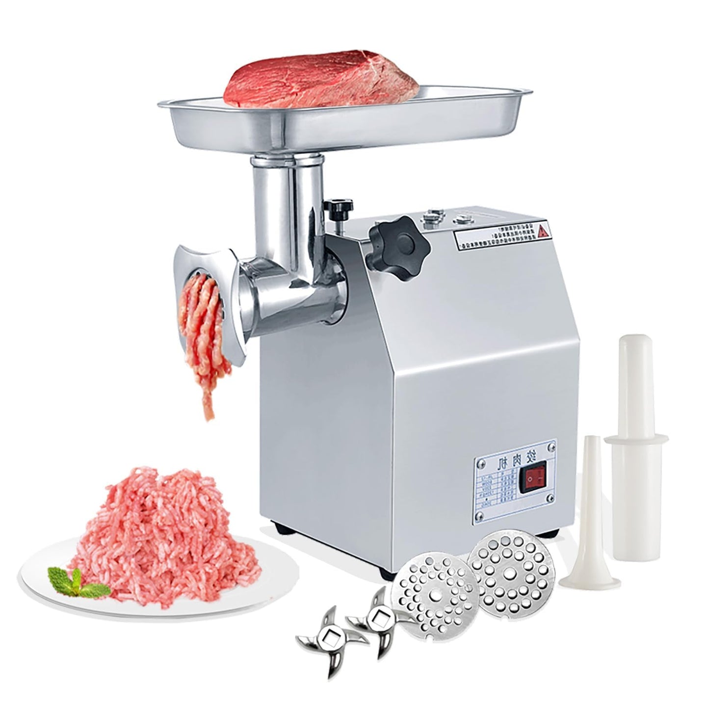 800W Commercial Electric Meat Grinder for Home and Restaurant, Heavy Duty Stainless Steel Mincer with Sausage Stuffer, 6mm/8mm Plates, Dual Blades, Food Processor for Meat, Poultry, Fish, Veg