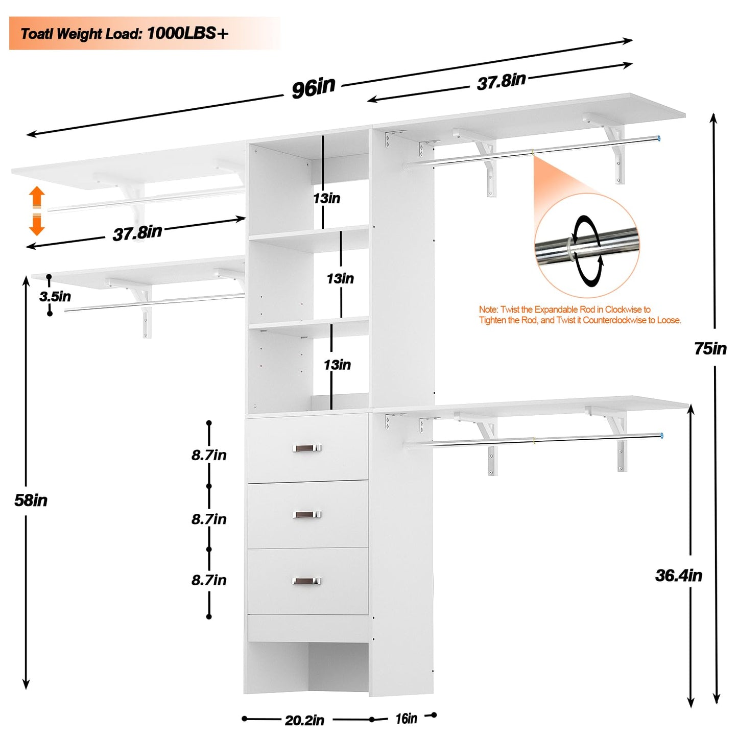 Armocity 96" Wood Closet System with 3 Enclosed Drawers & 3 Solid Shelves, 8FT Adjustable Closet Organizers and Storage, Heavy Duty Modular Wardrobe for Reach-In & Walk-In, 1000 LBS Load, White