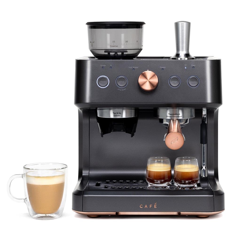 Café Bellissimo Semi Automatic Espresso Machine with Grinder & Milk Frother | Copper Accents | WiFi App Control | Large 95oz Tank | Matte Black