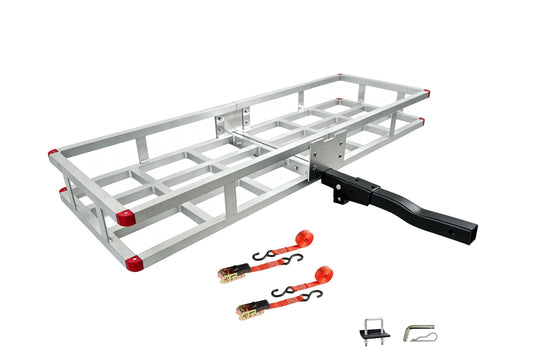 60 x 20 x7 Aluminum Cargo Carrier Hitch Mount - 500lb Heavy Duty Folding Luggage Rack - Powder Coated 2" Angled Shank for Ground Clearance - Rustproof Vehicle Cargo Basket for SUV & Truck Storage