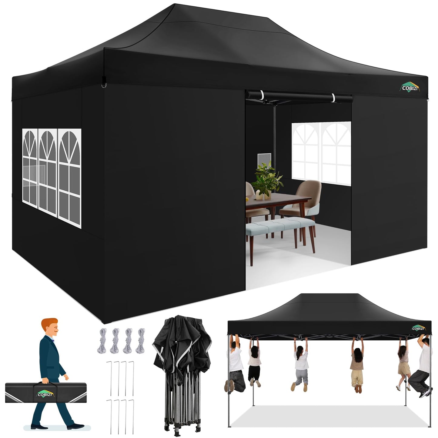 COBIZI 10x15 FT Heavy Duty Pop up Canopy with 4 Removable Sidewalls, Easy up Gazebo High Stability, All Weather Sunshade 100% Waterproof Outdoor Canopy Tents with Carry Bag, Black