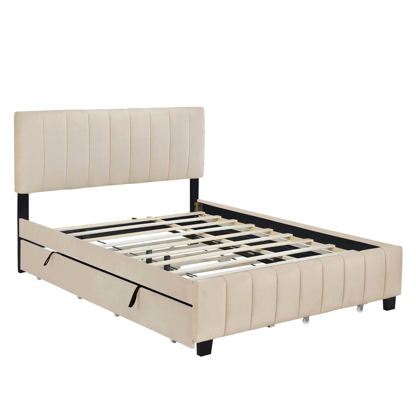 Bellemave Queen Size Upholstered Bed Frame with 2 Drawers & 1 Twin XL Trundle, Velvet Platform Storage Bedframe Mattress Foundation, Queen Trundle Bed Frame,Easy Assembly,Beige