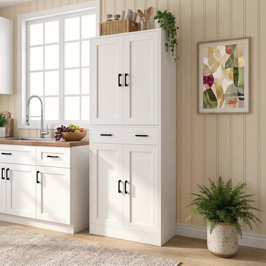 DIYART 71" Tall Kitchen Pantry Cabinet, Freestanding Food Storage Cupboard with Drawer and 4 Doors, Large White Utility Floor Cabinet with Adjustable Shelves for Dining Room, Home Office
