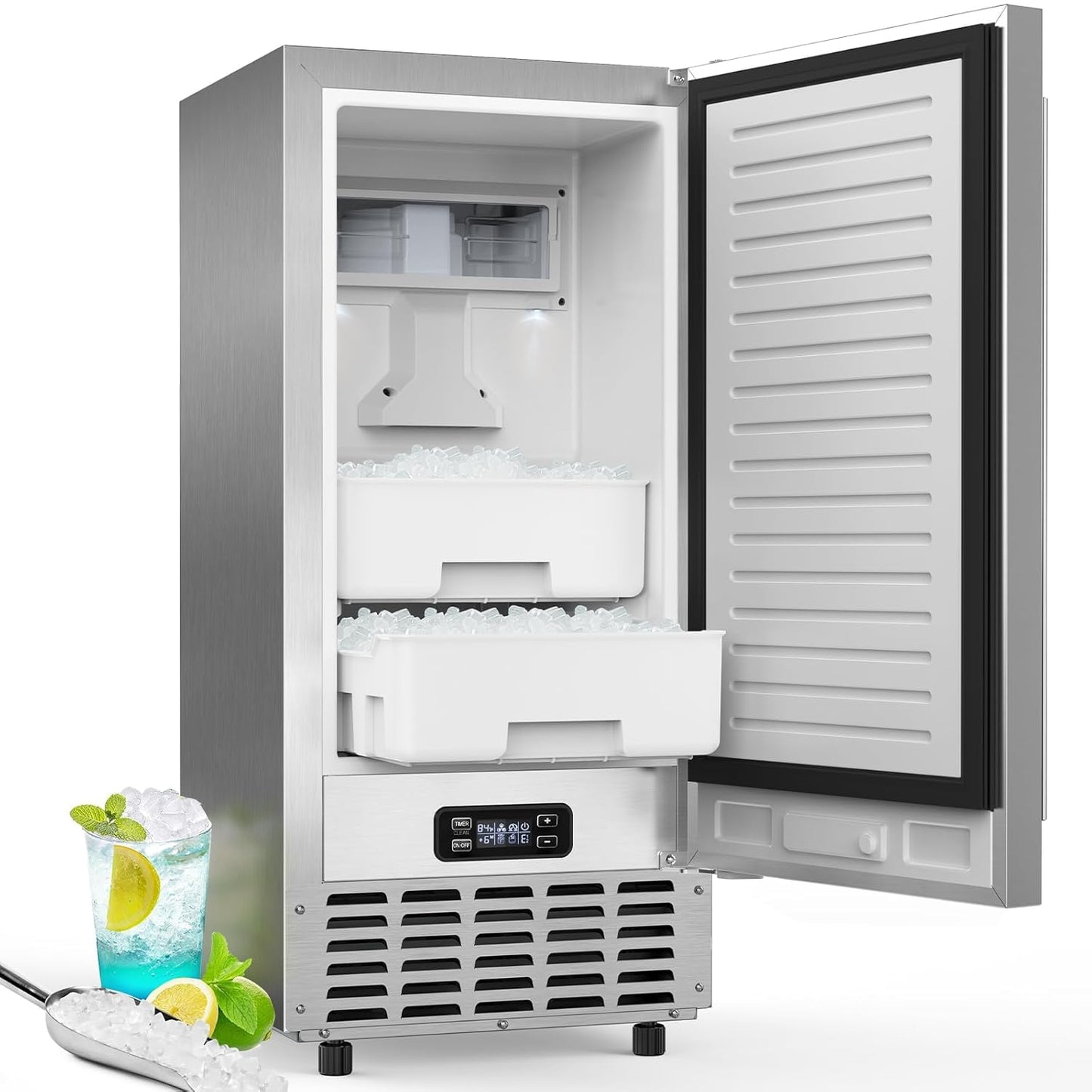 Electactic Nugget Ice Machine, Commercial Undercounter Ice Maker, 66Lbs/Day, Built-in Freestanding Stainless Steel, Self-Cleaning & 24H Timer for Business/Bar