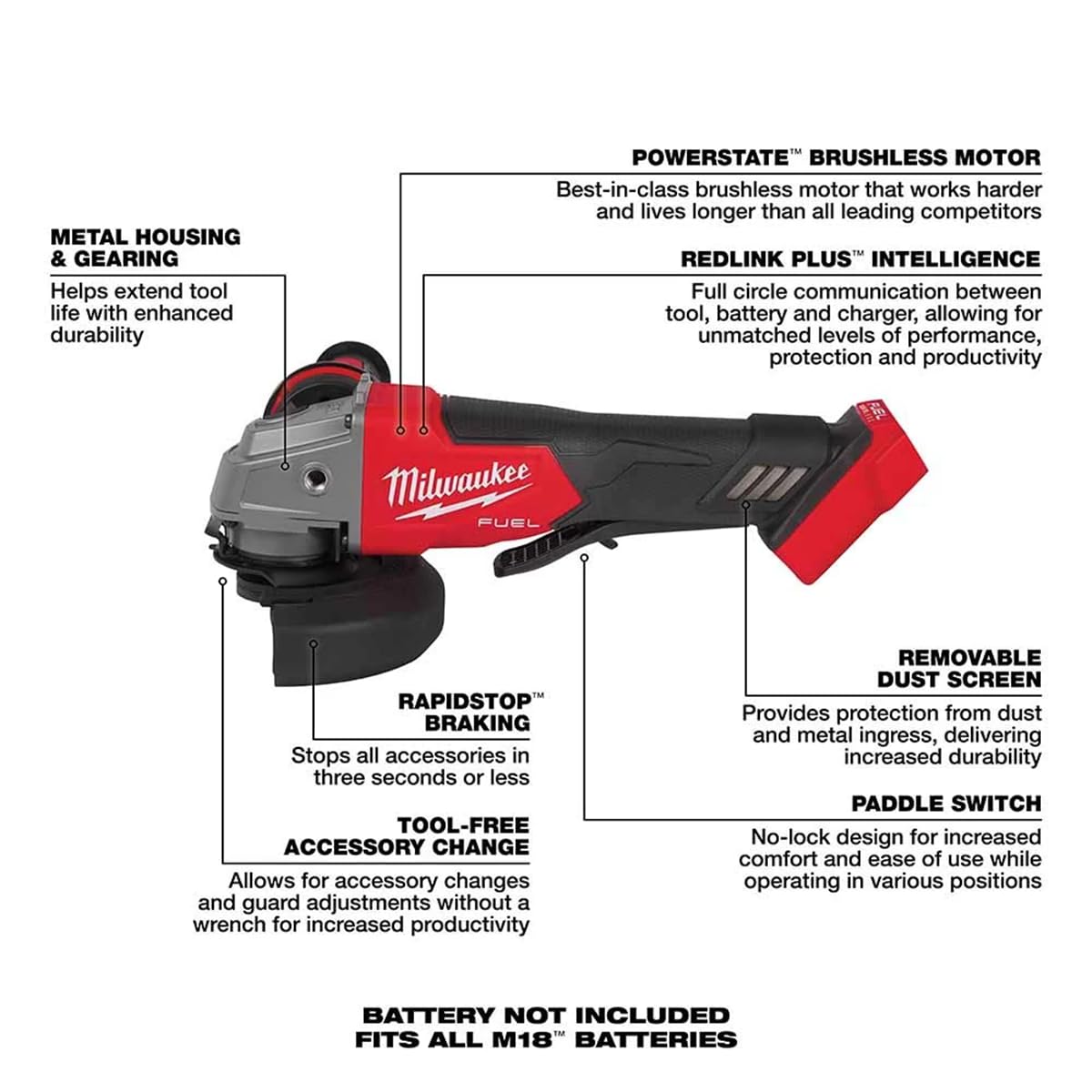 Milwaukee 2880-20 M18 Fuel Brushless Lithium-Ion 4-1/2 in. / 5 in. Cordless Small Angle Grinder with No-Lock Paddle Switch (Tool Only)
