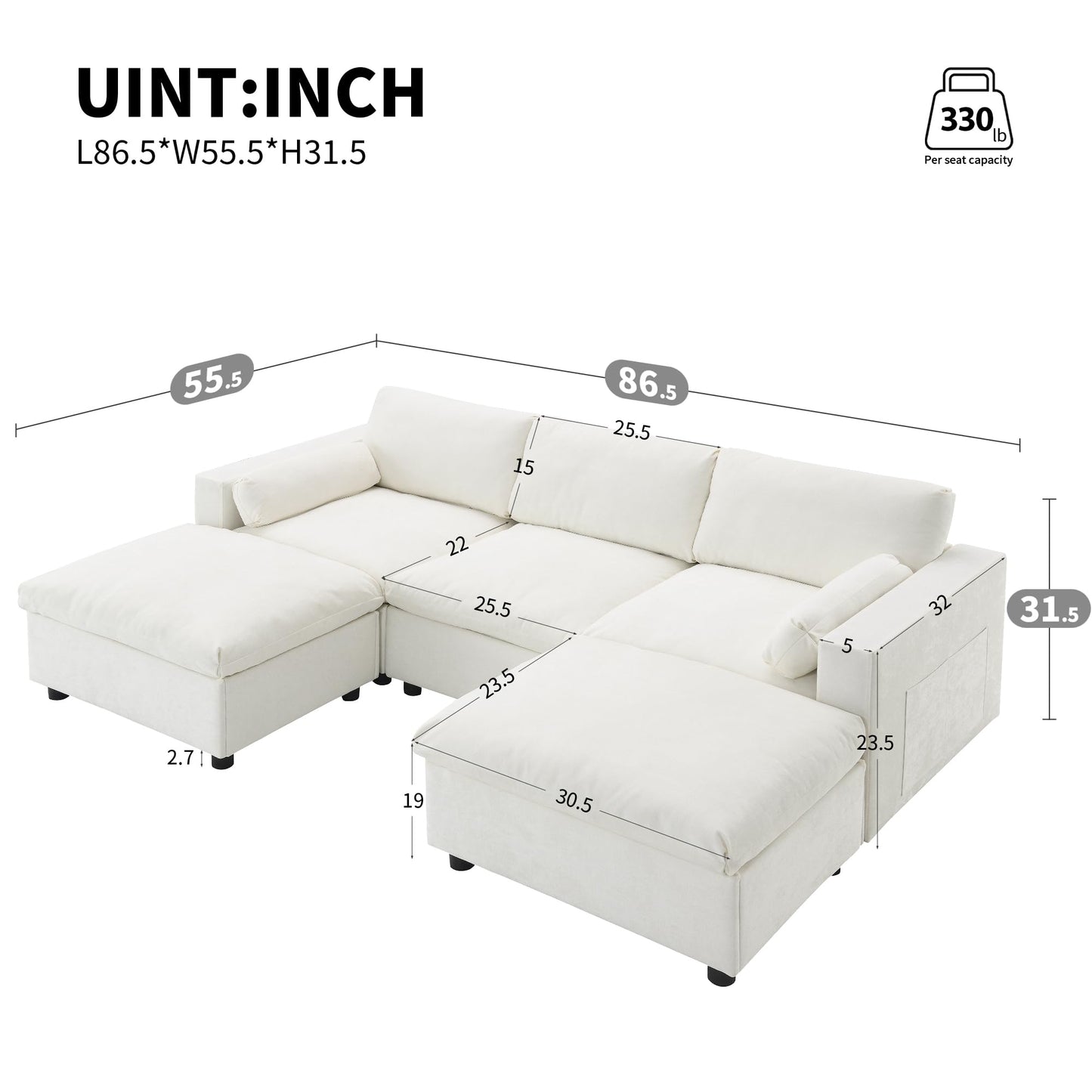 Merax 86.5" Sectional Sofa with Storage Pockets & Removable Ottomans, Cream 5 Seat U Shaped Sleeper Cloud Couch Set, Convertible L-Shaped Upholstered SofaBed for Living Room and Apartment, White