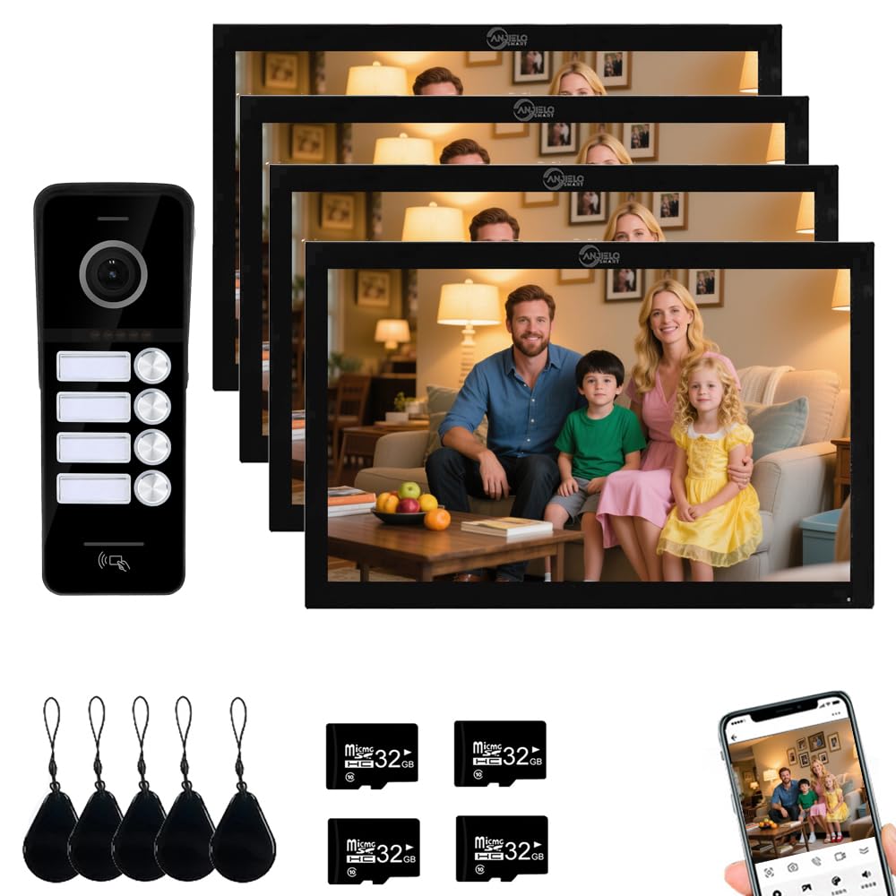 Wired Video Doorbell Apartment Intercom System,4 Family Units 10 Inch Touch Monitor,3 in 1 Unlocking,Dual Way Intercom Motion Detection Tuya for Villa Home (1 Doorbell(b)+ 4 Monitor(b))