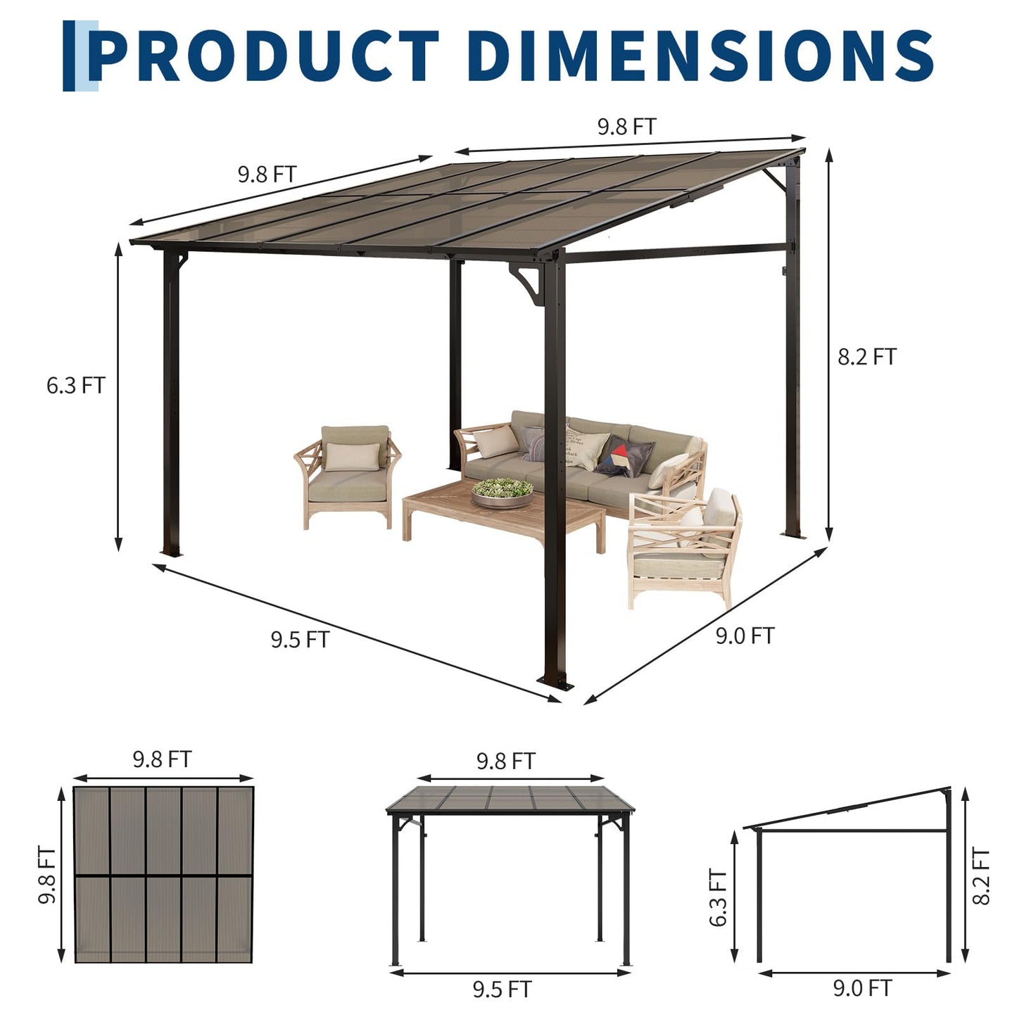 Hetoy 10 x 10 FT Wall Mounted Gazebo Pergola for Patio, Hardtop Gazebo with Sloped Polycarbonate Roof, Lean to Carport with 4-Pillar Aluminum Frame, Outdoor Garden Deck Shade for Decks, Backyard