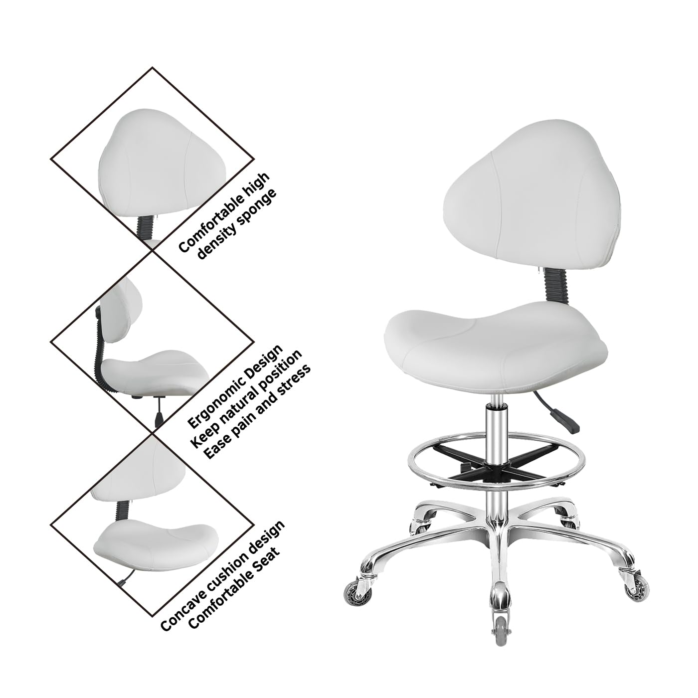 Nazalus Rolling Swivel Drafting Chair Adjustable Heavy Duty (400lbs) Lumbar Support Task Chair for Home Desk Studio Design Lab(Triangular Back White)