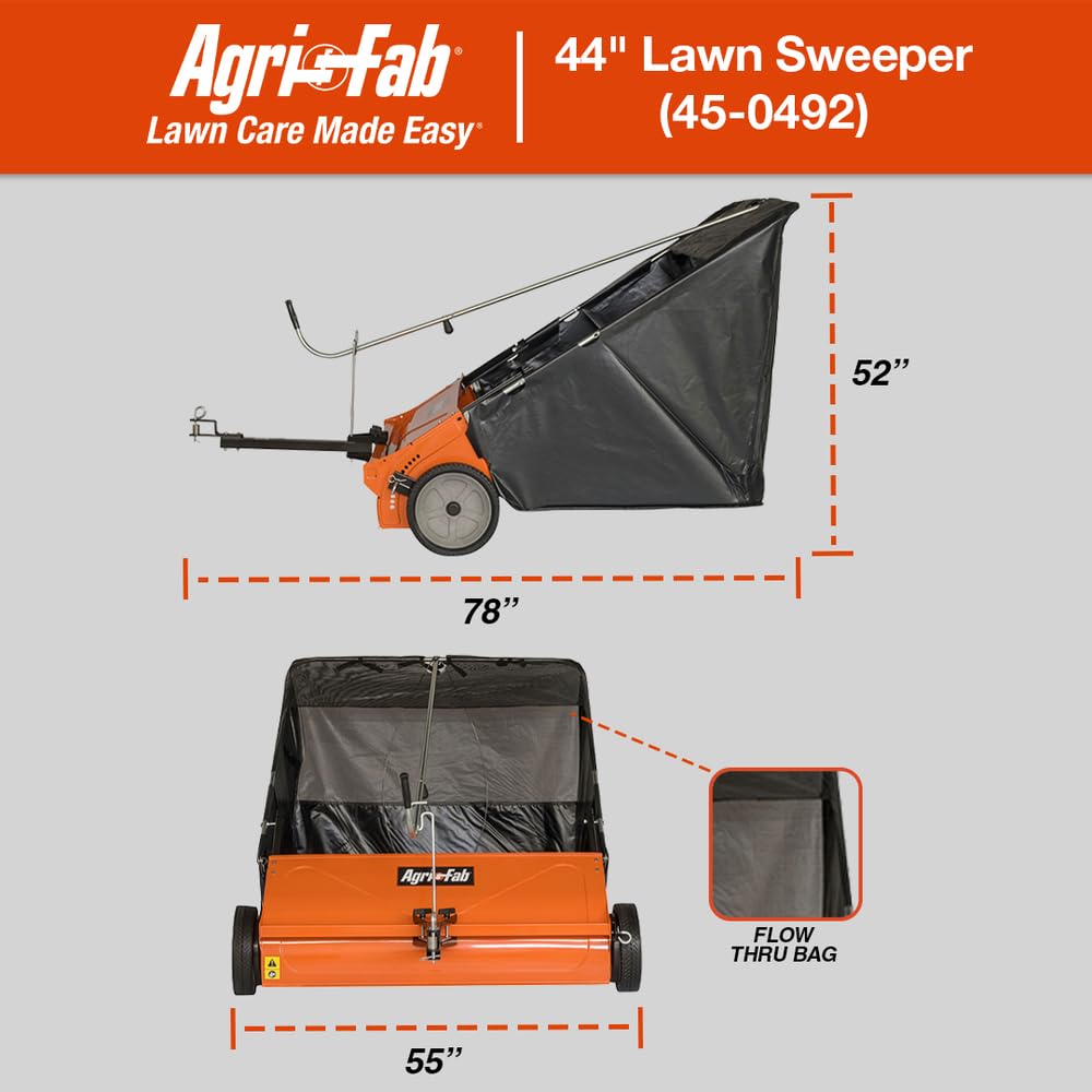 Agri-Fab 44 In Tow-Behind Lawn Sweeper with 28 Cu Ft Flow-Through Hopper Bag, Adjustable Brush Height, and Dump From Seat Handle