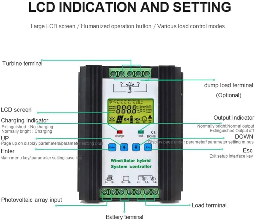 BKCEHCRS Wind Solar Hybrid Charge Controller with LCD Display 3000W,24V/48V Automatic Wind and Solar Charge Controller, 1500W Wind + 1500W Solar Wind Power Accessories Intelligent Regulator,3000W