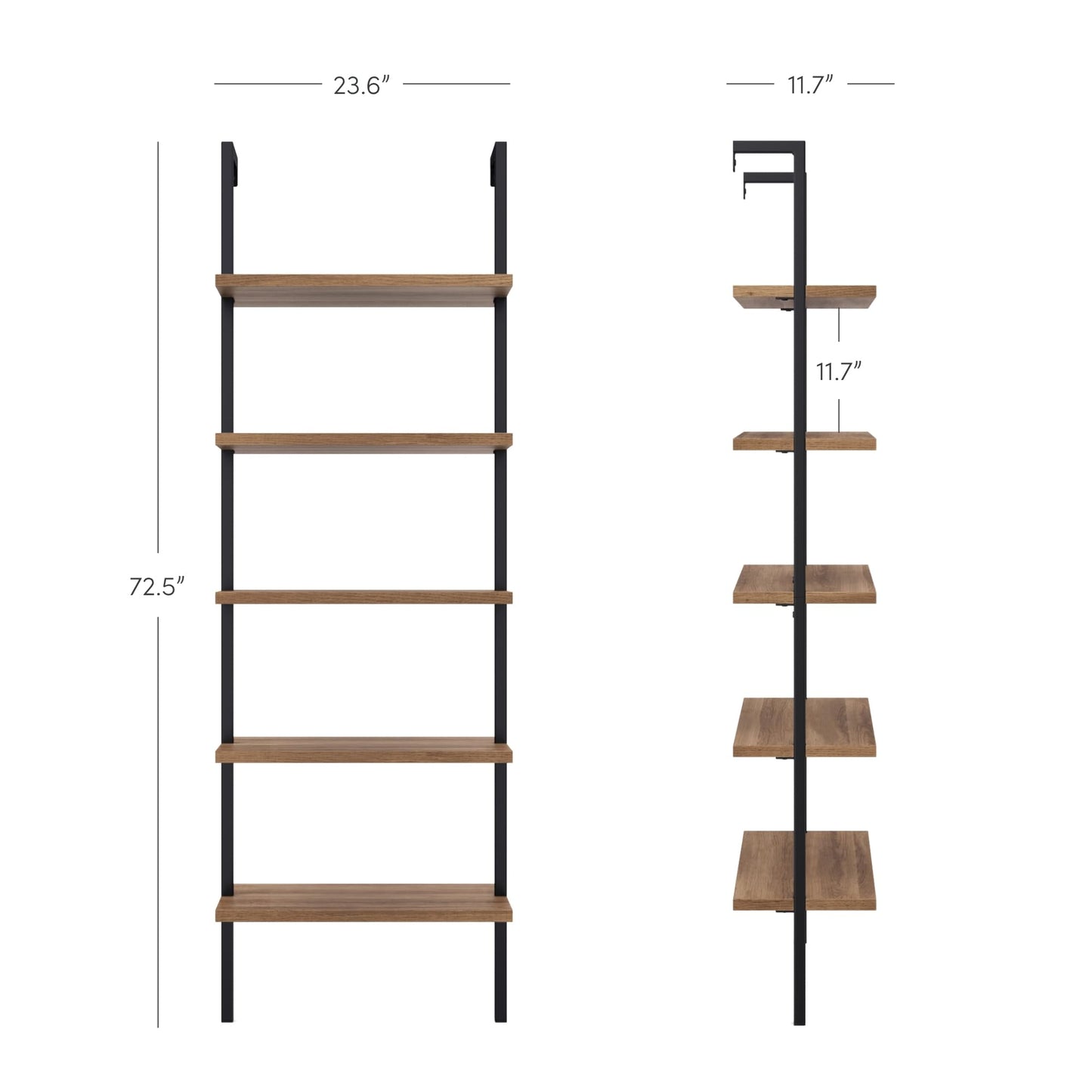 Nathan James Theo 5-Shelf Wood Modern Bookcase, Open Wall Mount Ladder Bookshelf with Industrial Black Metal Frame, Reclaimed Oak, Set of 2