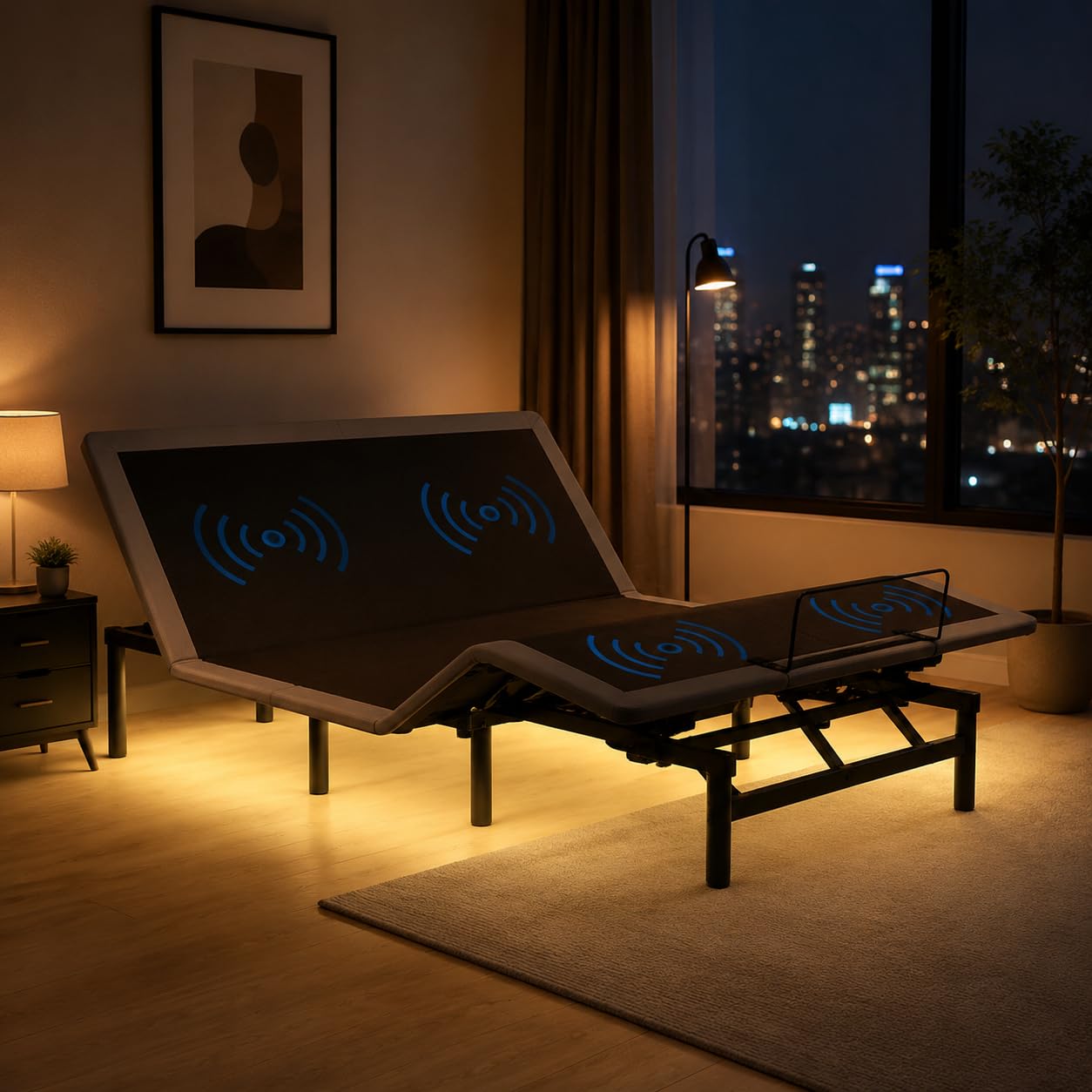 KEIKI Queen Adjustable Bed Frame with Massage Head & Foot Incline, Wireless Remote, USB Ports & LED Night Light – Sturdy, Easy Assembly – Compatible with Adjustable Base – Black