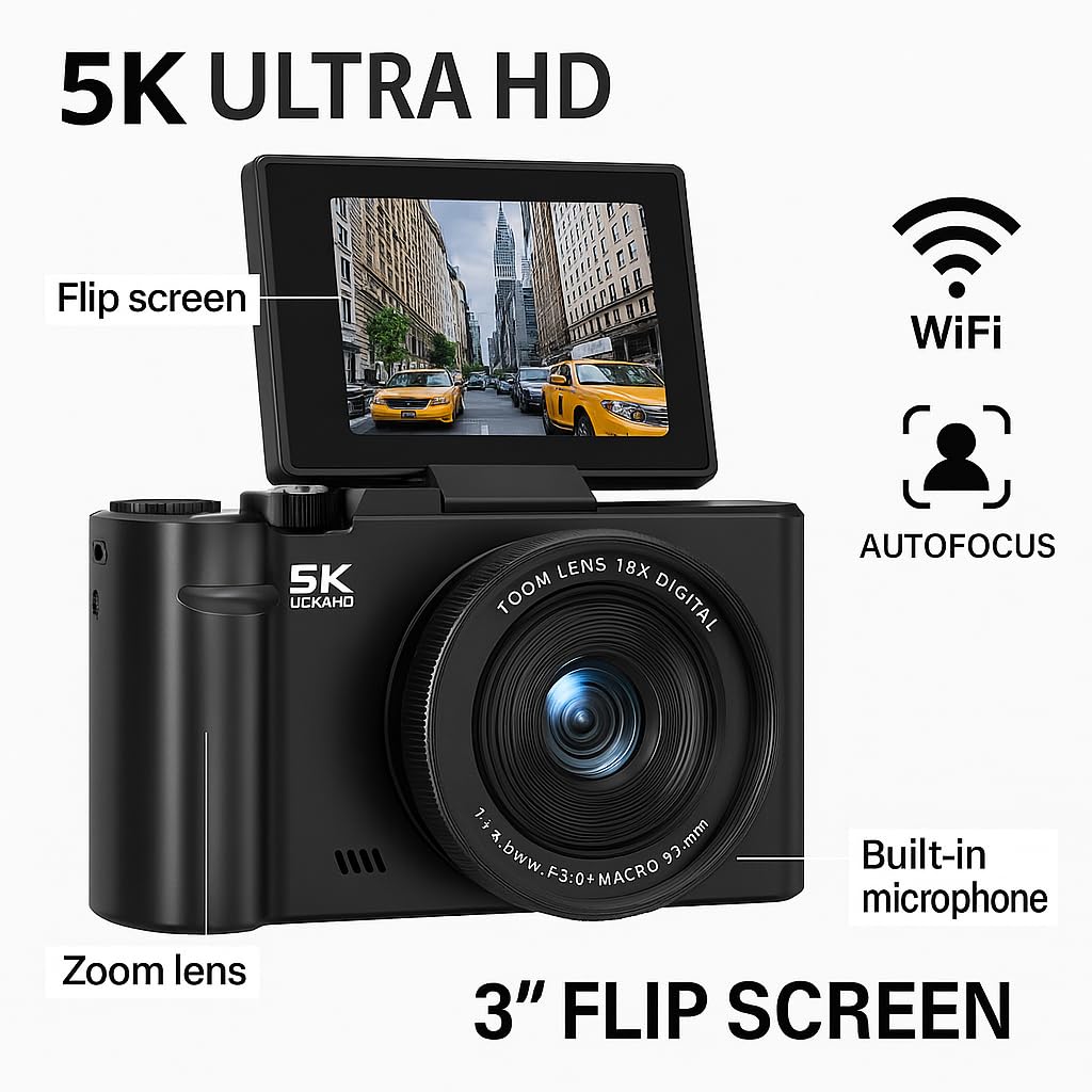 4K/5K Digital Camera – 75MP Vlogging Camera for YouTube, 180° Flip Screen, 18X Zoom, WiFi – Black Ultimate Kit with 64GB Card, 50" Tripod, Carrying Case, Macro/Wide Lens, Flash & Filters – Acuvar