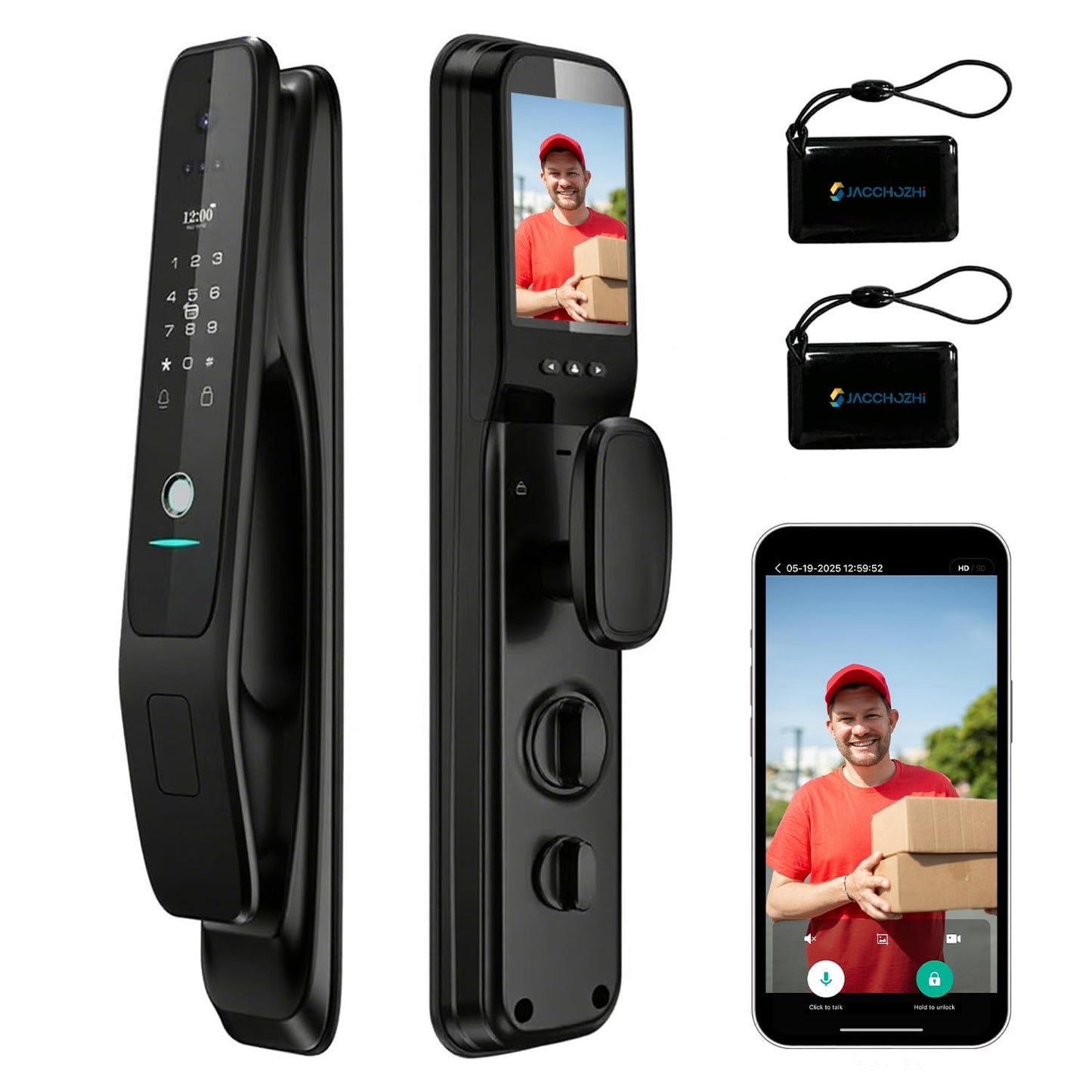 Jacchozhi 3D Face Recognition Smart Lock with Camera - Palm Vein Fingerprint Keypad Door Handle - Video Doorbell, 4" HD Screen - Keyless Entry Mortise Deadbolt for Front Door, Tuya, Waterproof