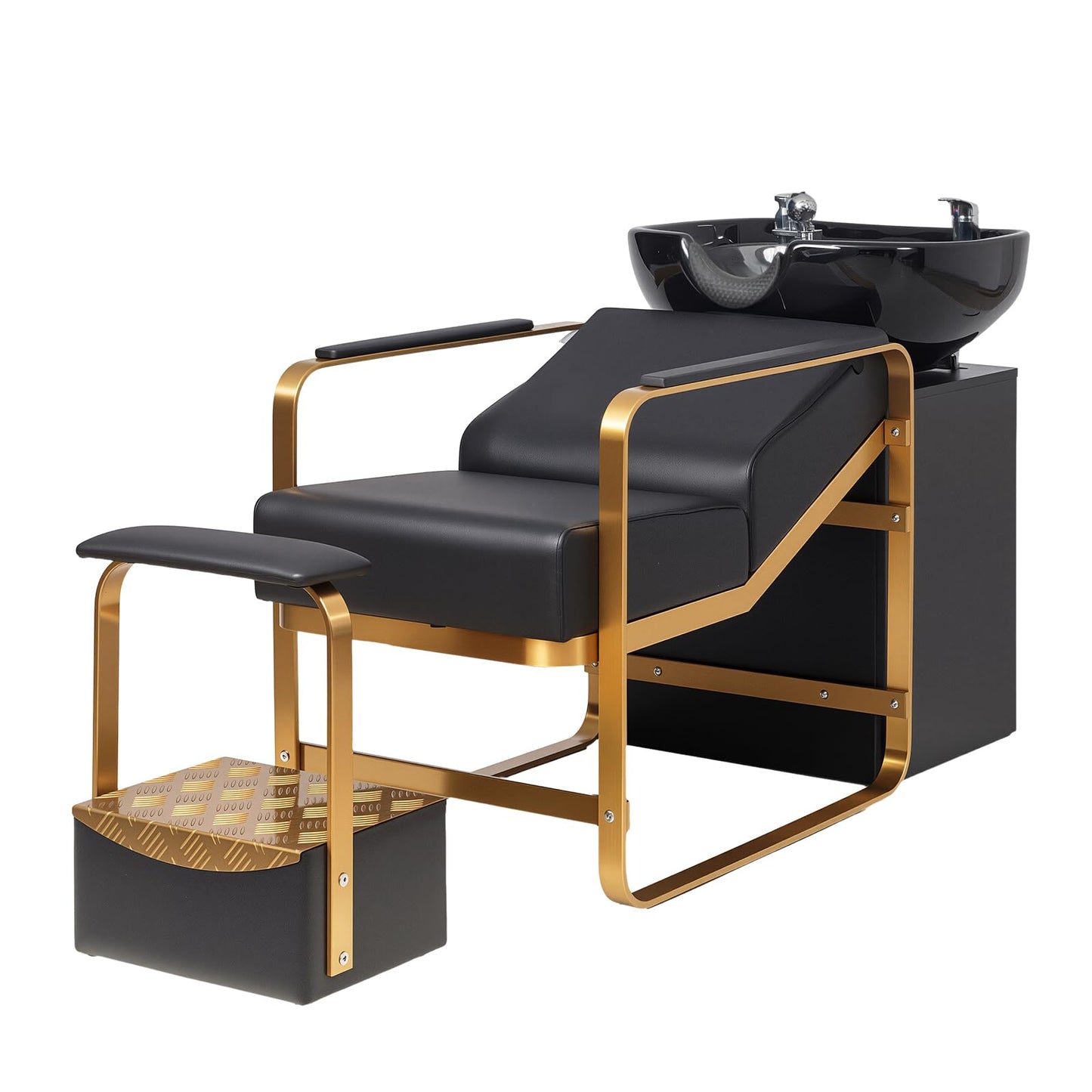 OmySalon Shampoo Chairs for Salon, Stainless Steel Frame & UPC Certified Shampoo Bowl & Footrest, Hair Washing Station, Backwash Unit for Beauty Spa Barbershop, Black and Gold