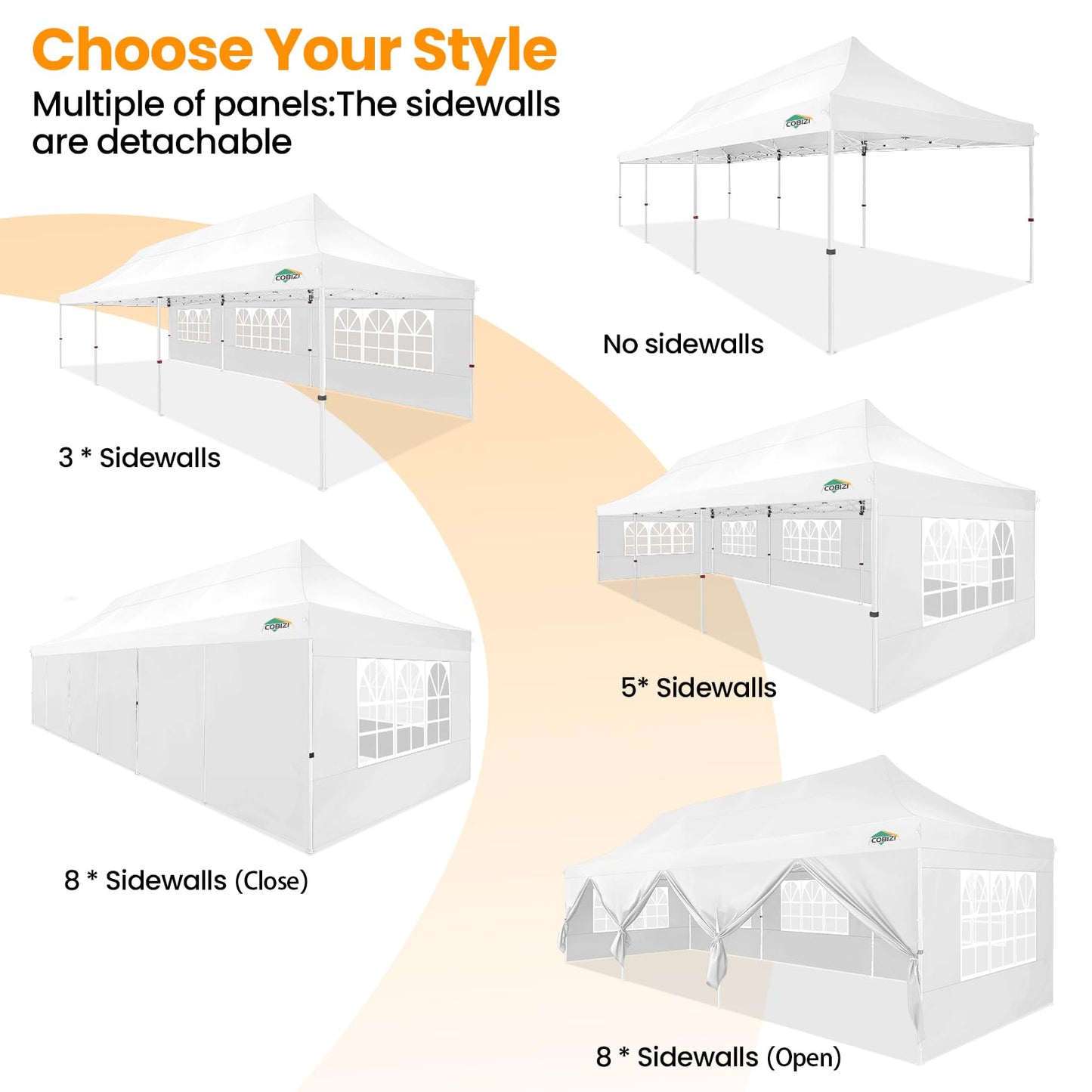 COBIZI 10x30 Pop up Canopy with Roller Bag & 8 Removable Sidewalls, Canopy Tent for Parties, Wedding, and Commercials, Waterproof and Instant Shelter UV50+ Outdoor Gazebo with 4 Sandbags(Pure White)