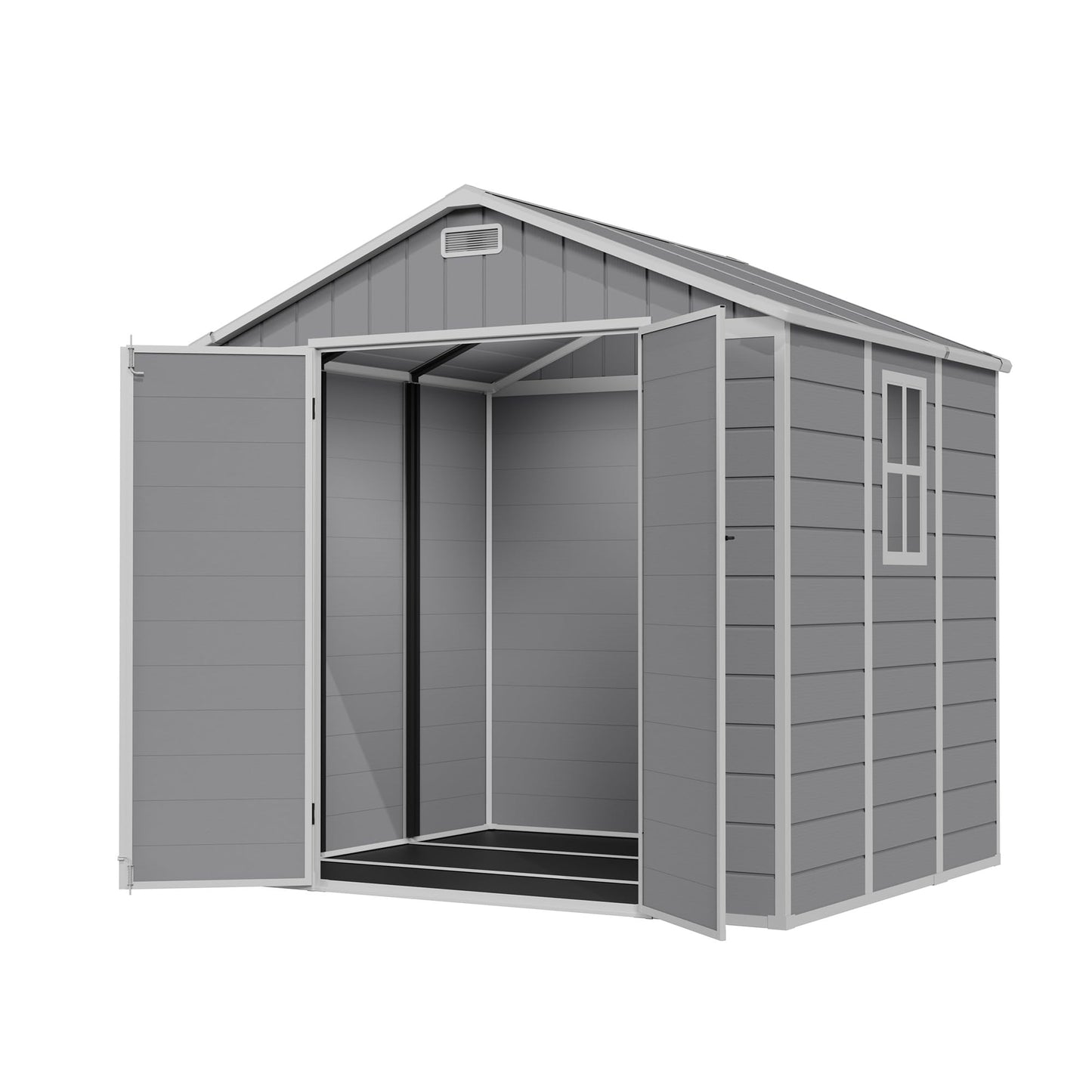 Amopatio 8x6 FT Storage Shed, Resin Outdoor Shed with Floor Included, Plastic Sheds for Bike, Garden Tools, Sheds & Outdoor Storage with Lockable Door, Window & Vents, Grey & White