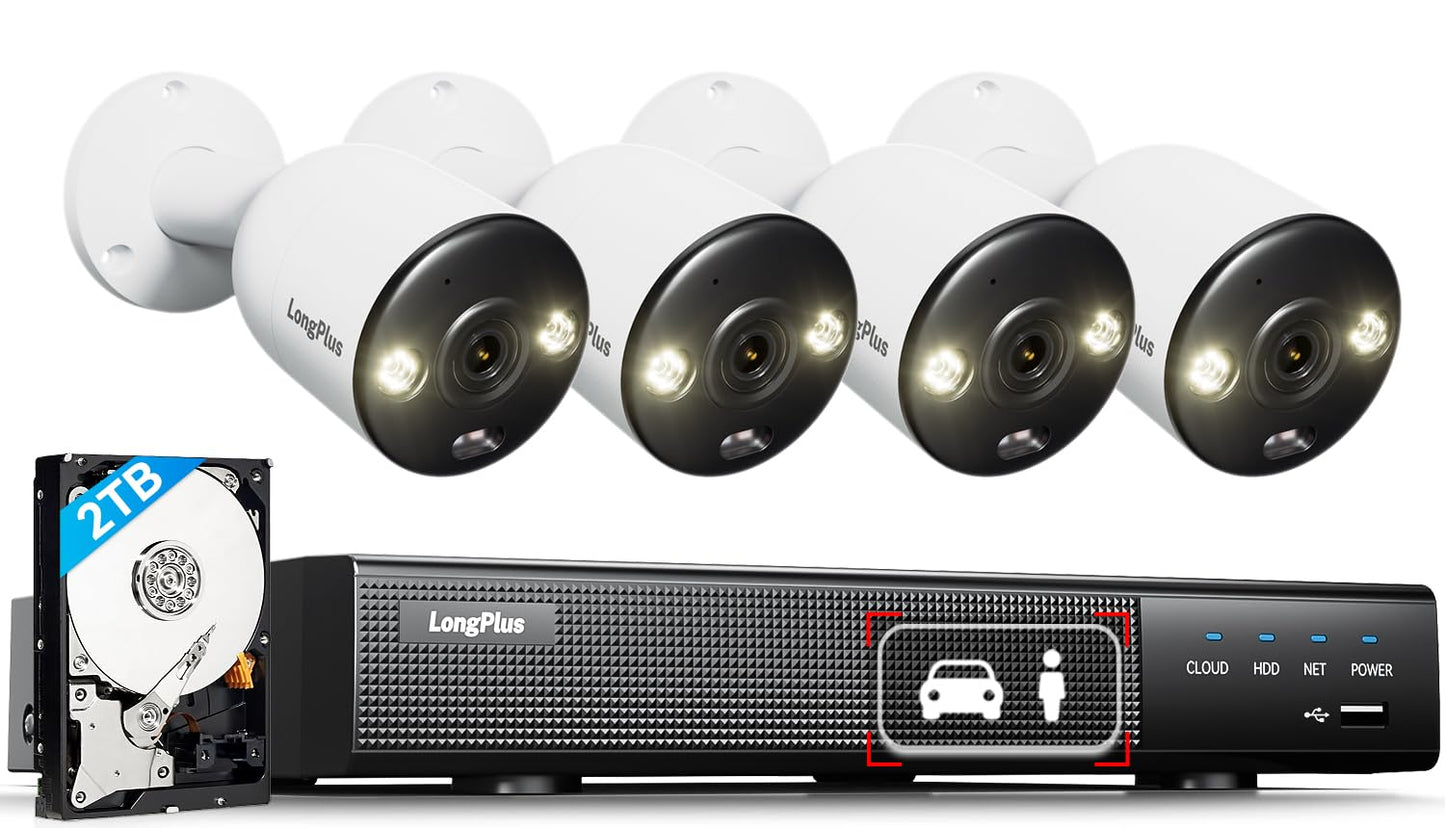 LongPlus Smart 4K 8CH Home Security Camera System, 4Pcs Wired PoE IP Cameras System Outdoor with Person/Vehicle Detection, 12MP 8CH NVR with 2TB HDD for 24-7 Recording, LP8ME84B1