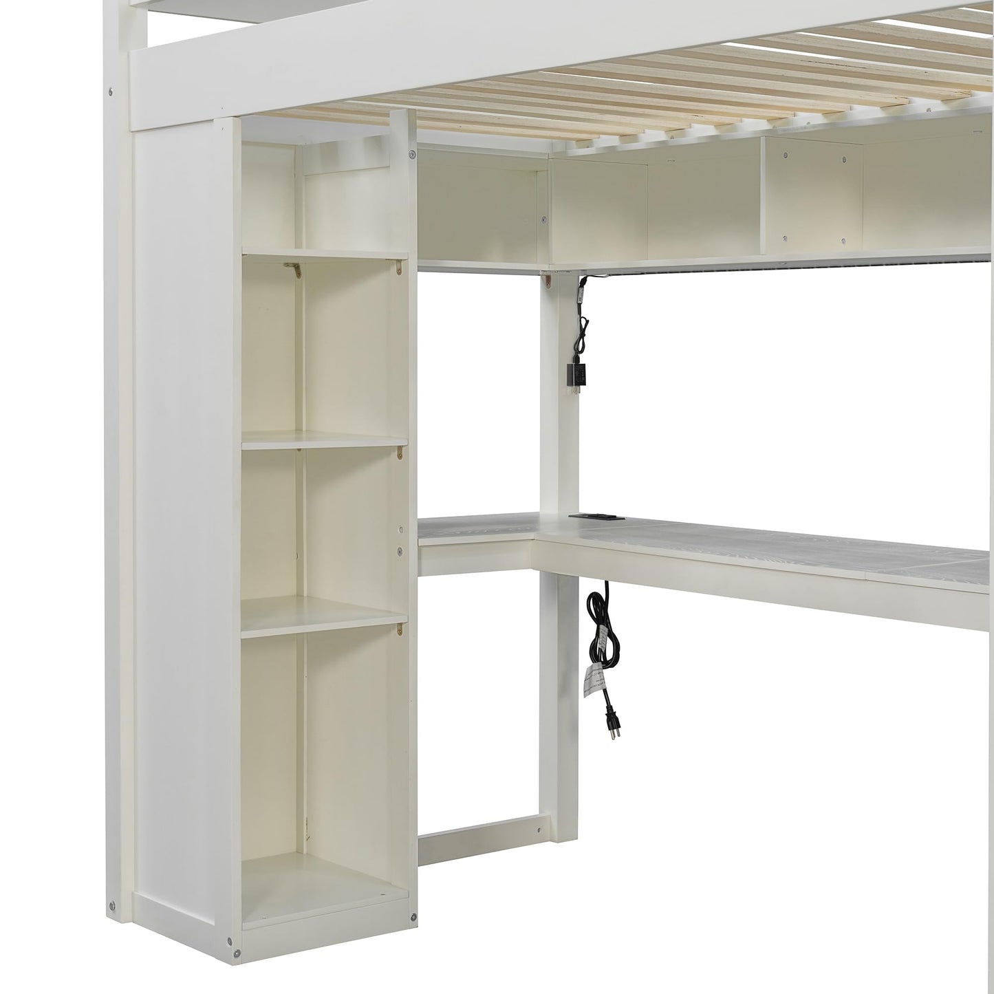 Merax Wood Twin Loft Bed with Desk & 4-Tier Bookshelf & 4 Drawers & Top Storage Shelves, Ash Veneer Bed Frame with Guardrails, Smart APP Control Light Strip, USB Charging Ports, Bear 400lbs, White