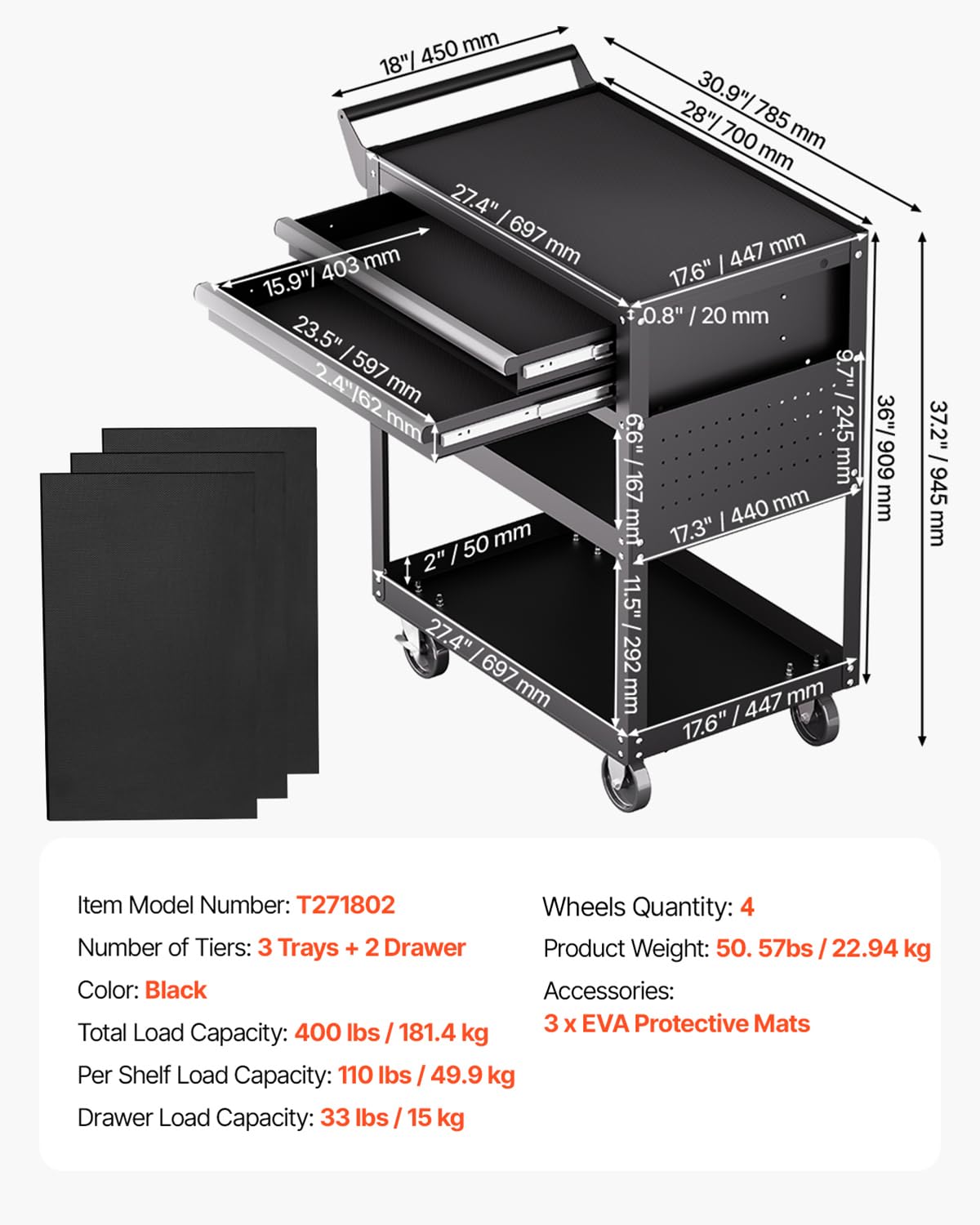 VEVOR 5-Tier Tool Cart with Wheels, 400 lbs Load Capacity, Rolling Work Cart with 2 Drawers & Pegboard, Mechanic Tool Storage Organizer with Locking System for Garage, Warehouse and Repair Shop, Black