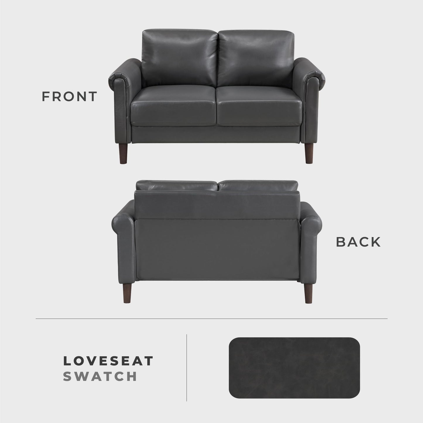 Lexicon 57" W Loveseat, Faux Leather Upholstered Couch, Loveseat with Rolled Armrest for Bedroom/Office/Waiting Room, 2 Seater Couch, Dark Gray
