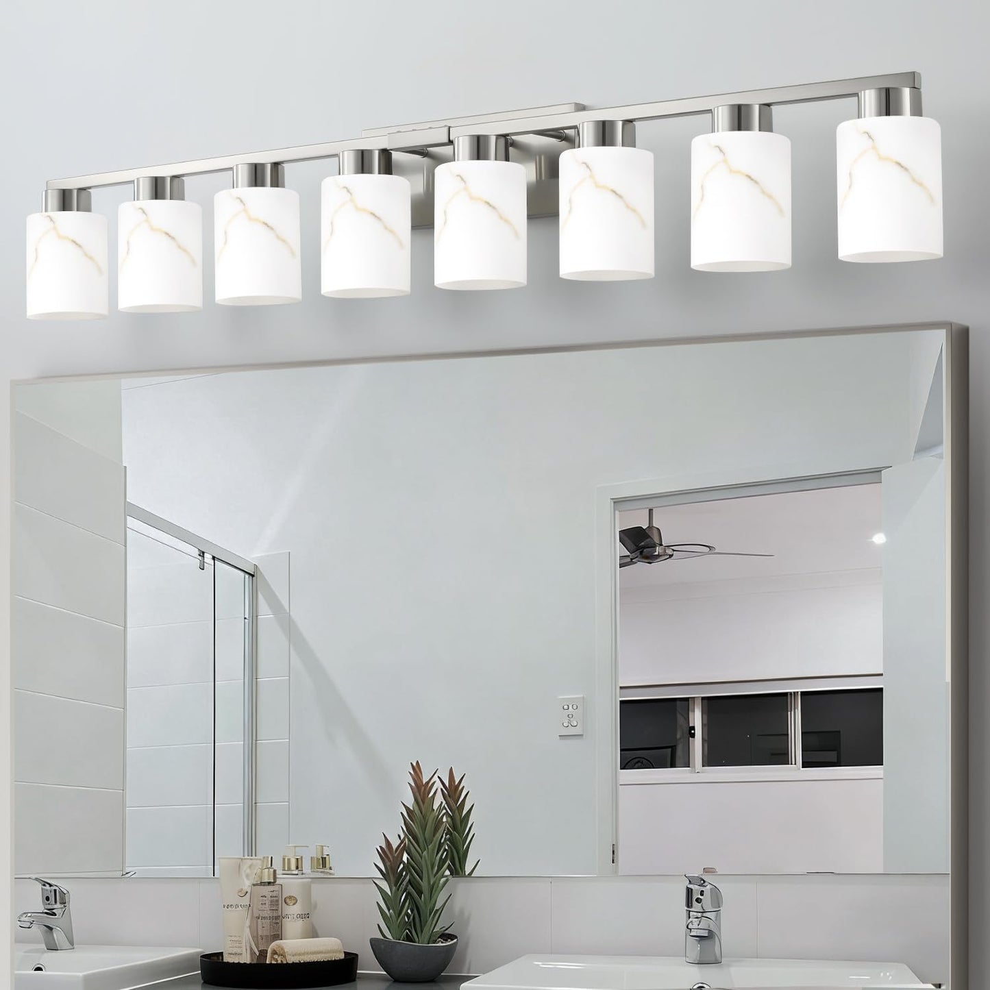 Mieloxiy 8-Light Bathroom Light Fixtures, Modern Vanity Lights, Brushed Nickel Metal Wall Lamp with White Marble Glass for Bathroom, Mirror, Living Room, Bedroom, Cabinet, Porch, Hallway, E26 Base