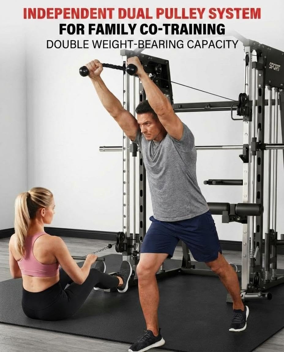 Smith Machine Home Gym, 2200LB Power Cage with Dual Pulley Cable Systems, LAT Pull-Down, Leg Hold-Down & 20+ Attachments for Full Body Workouts, Red
