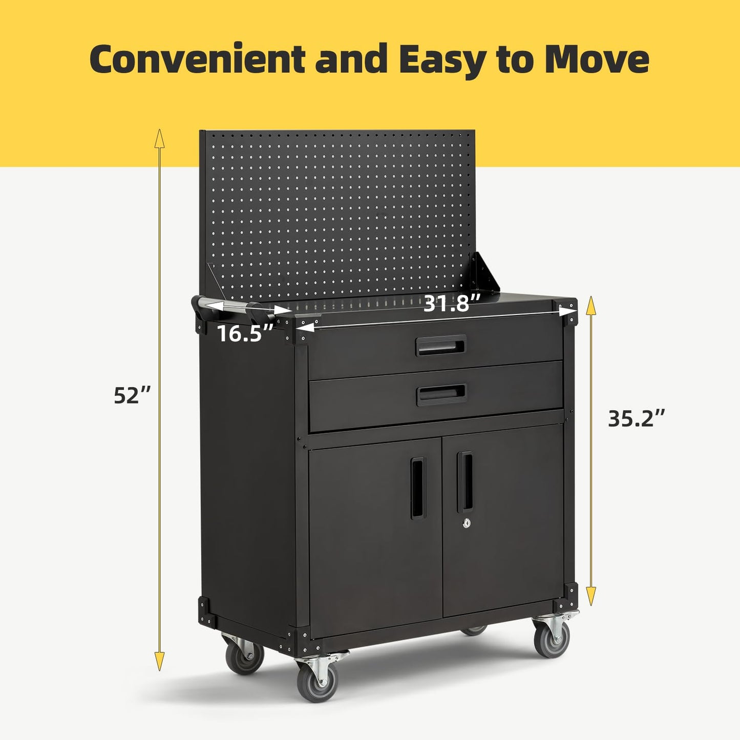 JFHID 52'' Work Bench for Garage with Pegboard Drawers and Cabinets Heavy Duty Metal Frame Tool Bench for Shop Kitchen Cabinets Organizer Work Table with Wheels (Black)