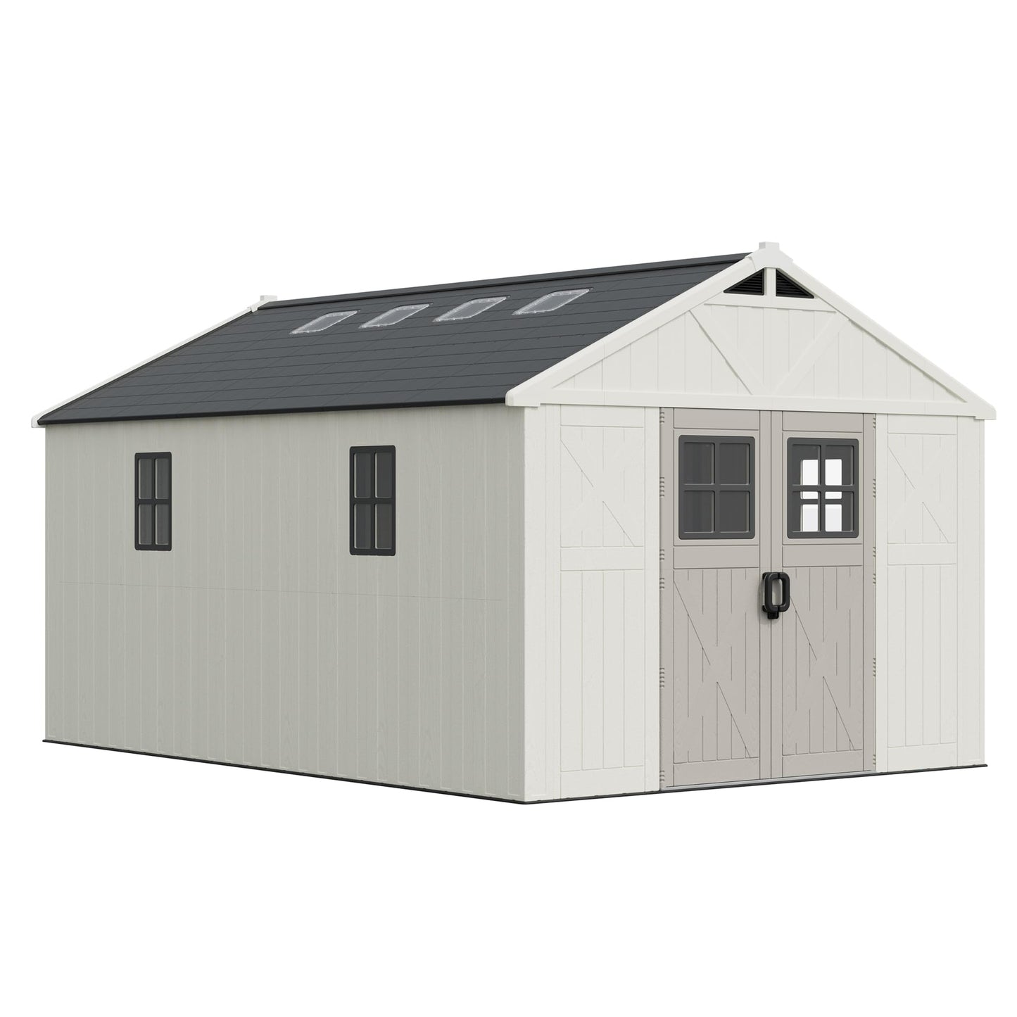 Greesum 10×14FT Plastic Outdoor Storage Shed with Floor and Lockable Door, Resin Sheds with 6-Windows and Multiple Skylights, Organization for Garden, Lawn, Backyard, Beige