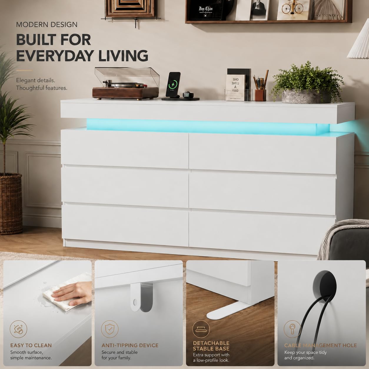 OneBlis 6 Drawer Dresser with LED Lights & Charging Station, Modern Floating White Dresser for Bedroom, Smart Storage Chest with 2 AC Outlets & USB Ports for Living Room, Closet, Entryway