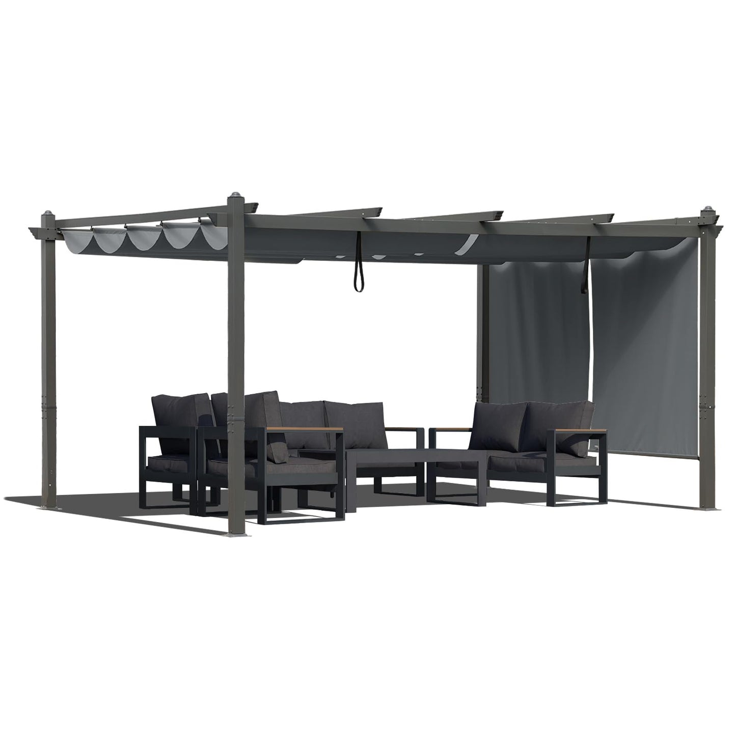 BPS 12x16 FT Outdoor Pergola - Retractable Shade Canopy with Aluminum Frame & Roller Shade Curtains for Patio, Backyard, or Deck, Gray