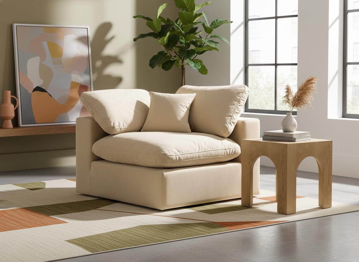 Meridian Furniture 189Beige-Corner Comfy Collection Modern | Contemporary Velvet Upholstered Corner Chair, Soft Beige Velvet, Down Feather Cushions, 40" W x 40" D x 34.5" H, Beige