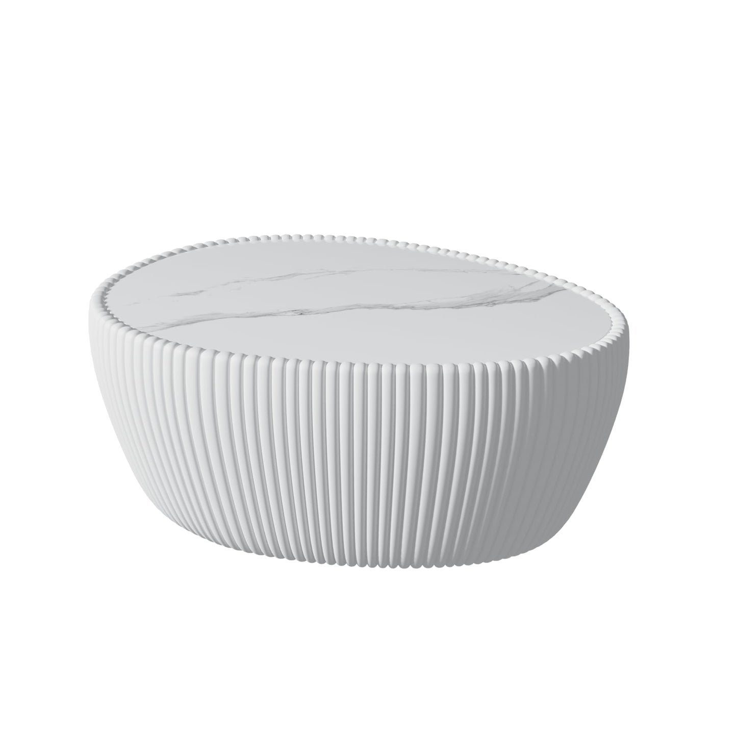 KEIKI 32.1" Goose Eggs Shape Coffee Table, Modern Sofa Side Table with Marble Top & Leather Wrap, Small End Table for Living Room, Bedroom, Office, White