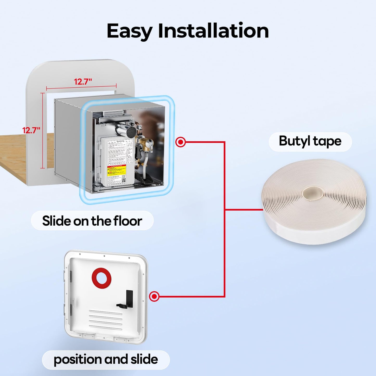 FOGATTI InstaShower 7 RV Tankless Water Heater, 3 Optional Door Sizes 15"x15", 15"x18" & 18"x18" for Refitment, 12V DC, Optimized Summer Comfort Performance, Ideal for RVers' Family Use, Gen 3