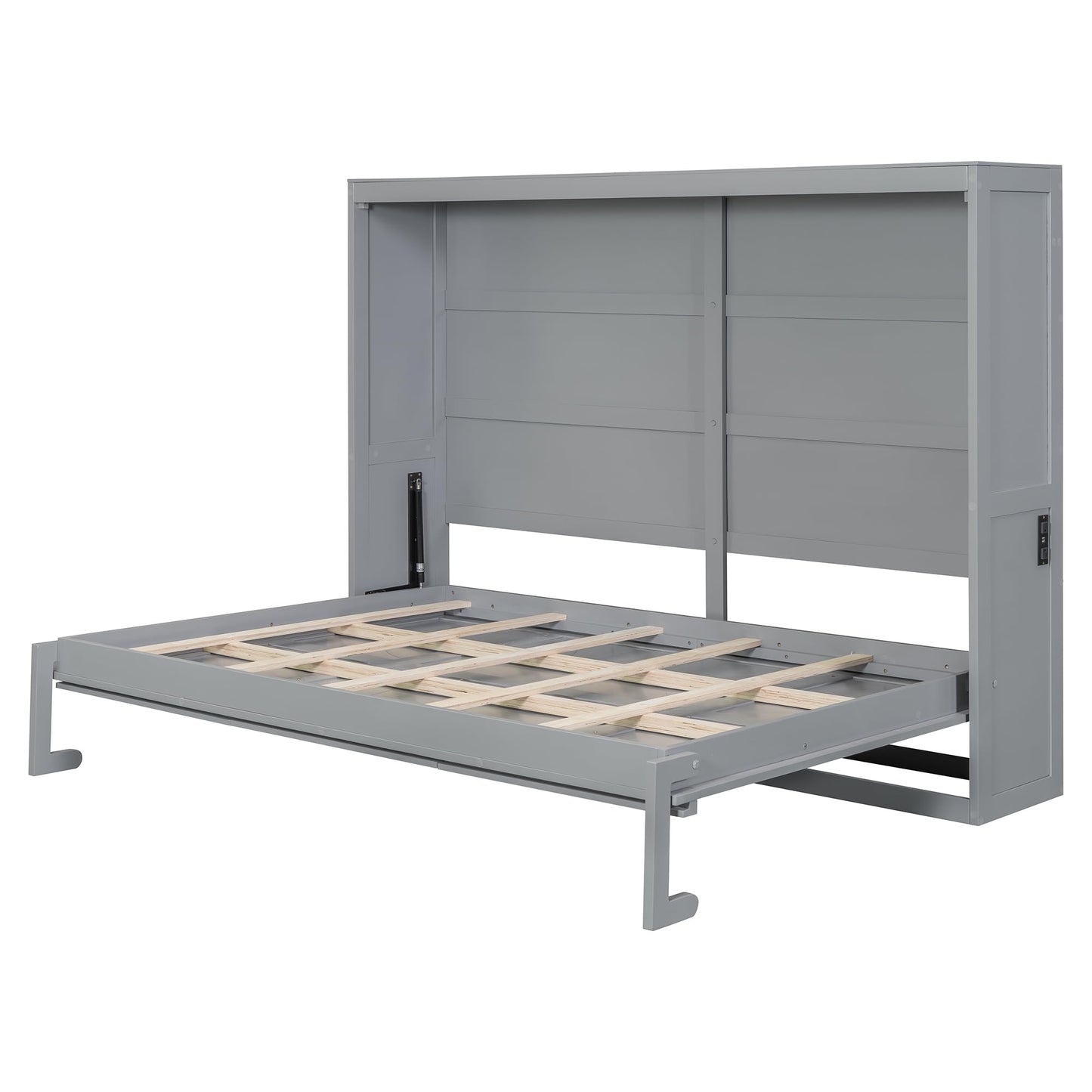 Ball & Cast Murphy Bed Full Size,Wall Beds with Charging Station and Storage Top,Slat Support,Wood Hideaway Cabinet Bedframe w/Leg,can be Folded,Space-Saving,for Small Room,Dorms,Gray