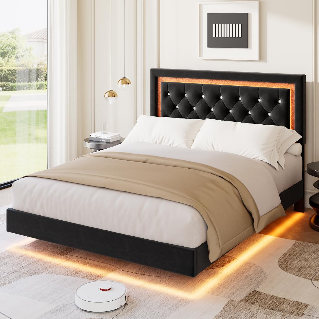 IDEALHOUSE Floating Queen Platform Bed Frame with Smart LED Lights – Modern Upholstered Diamond Headboard, Sturdy Wood Slats, Noise-Free, Easy Assembly, Sturdy Bedroom Furniture